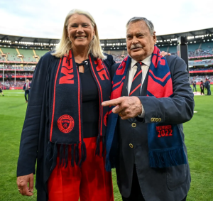 Kate Roffey, president of the Melbourne Football Club with club legend Ron Barassi at the presentation of the premiership cup at the MCG, 2022