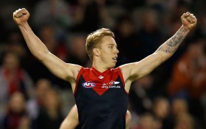 MELBOURNE, AUSTRALIA - SEPTEMBER 6: James Harmes of the Demons celebrates during the 2015 AFL round 23 match between the Melbourne Demons and the GWS Giants at Etihad Stadium, Melbourne, Australia on September 6, 2015. (Photo by Michael Willson/AFL Media)